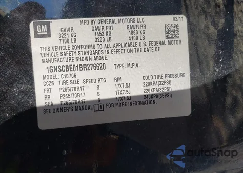 2011 Chevrolet Tahoe Lt из США, поврежденный, VIN 1GNSCBE01BR276620